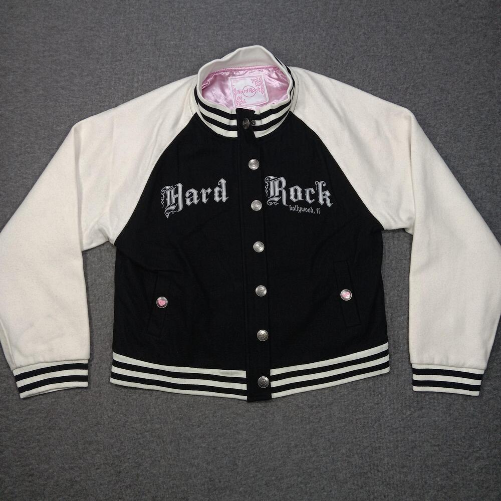 Hard Rock Varsity Jacket Womens XL Black Wool Seminole Hollywood FL Hotel Bomber